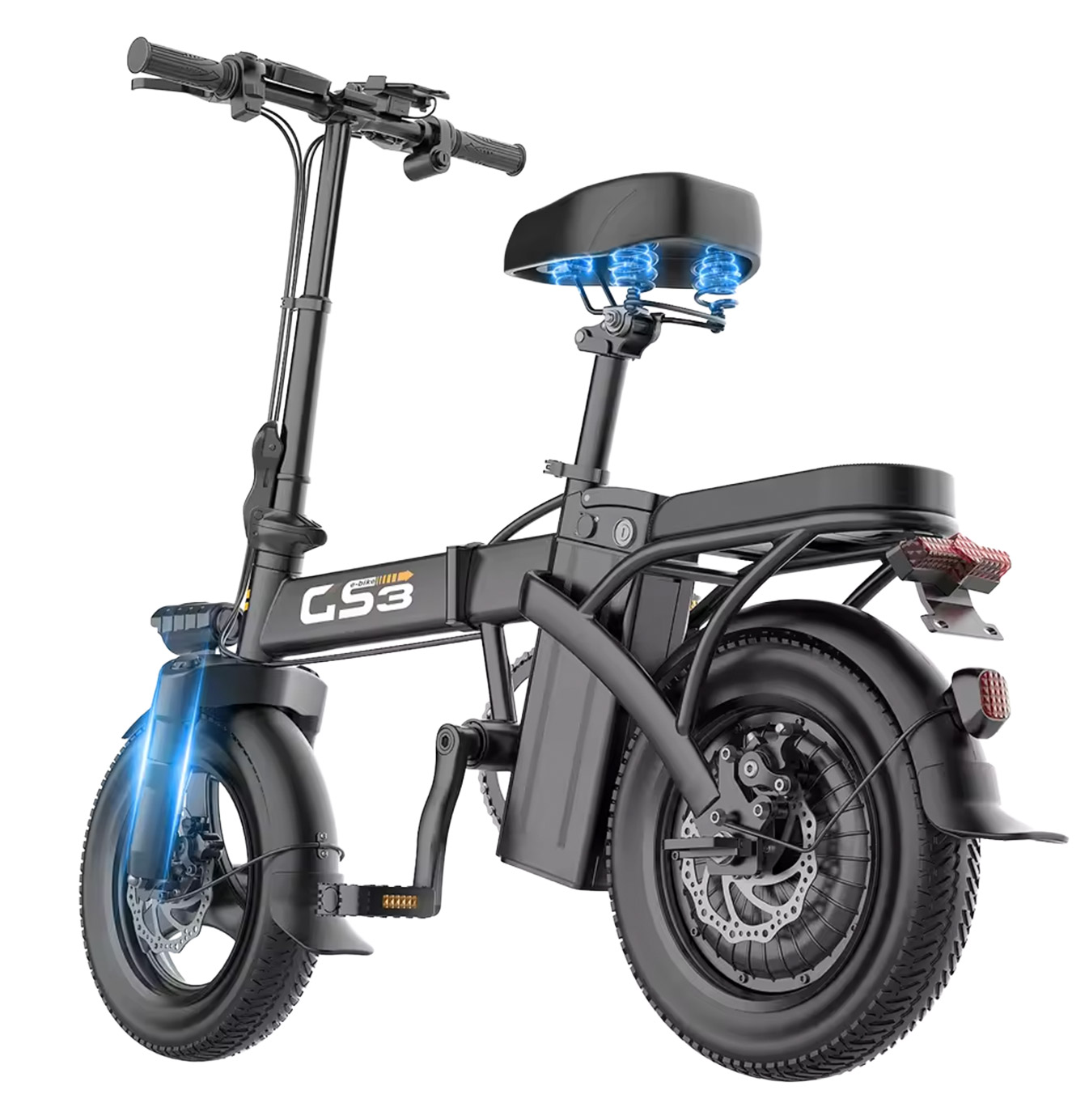 MK Urban Compact GS3 vu arrière, vélo électrique pliable urbain avec porte-bagages